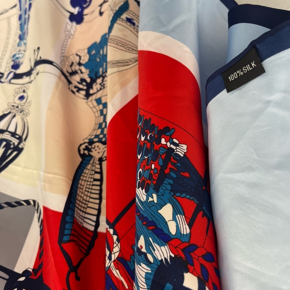 Silk Oversized Tassels Scarf - Blue, White and Red - Picture 2 of 4